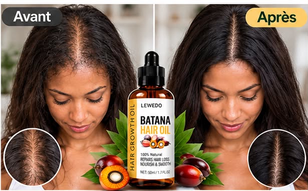Flacon d'huile de batana posé près d'une brosse à cheveux